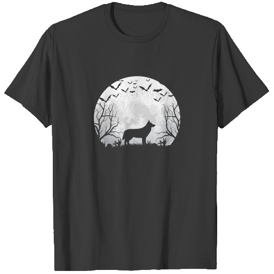 German Sheperd Silhouette Funny Halloween Dog Moon T-shirt