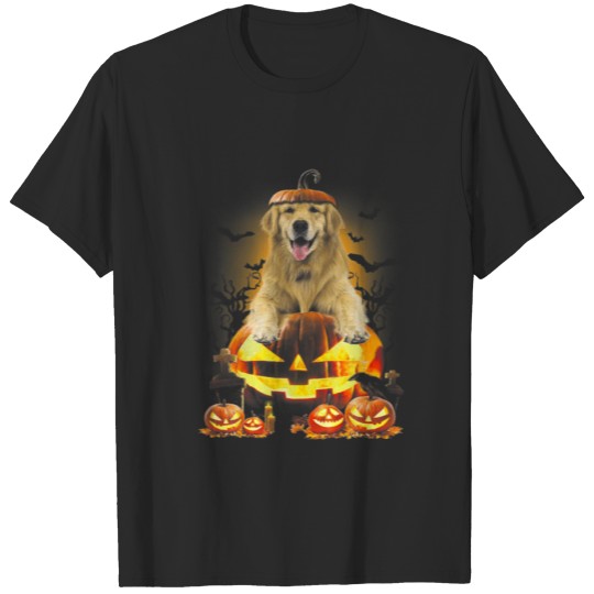Funny Golden Retriever Dog With Pumpkin And Witch T-shirt