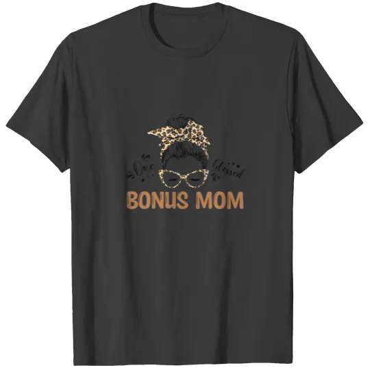 Discover Blessed Bonus Mom Leopard Messy Bun Sunglasses Mot T-shirt