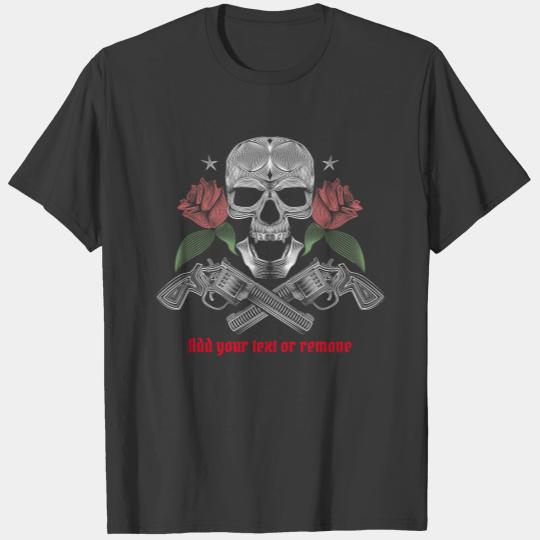 Cool image of human skull with red roses and guns, T-shirt