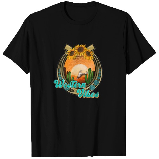 Western Cactus Bull Skull Horseshoe Cowgirl Wester T-shirt