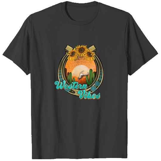Western Cactus Bull Skull Horseshoe Cowgirl Wester T-shirt