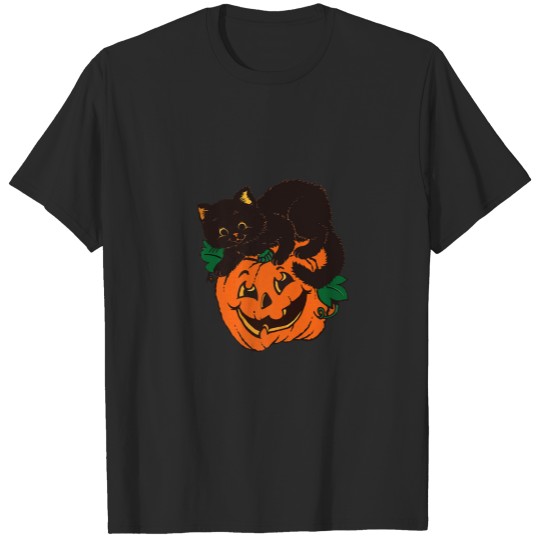 Discover Funny Halloween Black Cat Pumpkin T-shirt