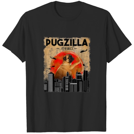 Discover PUGZILLA - Funny Pug Anime In Tokyo And Helicopter T-shirt