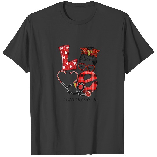 Oncology Nurse Plaid Leopard Love Heart Messy Bun T-shirt