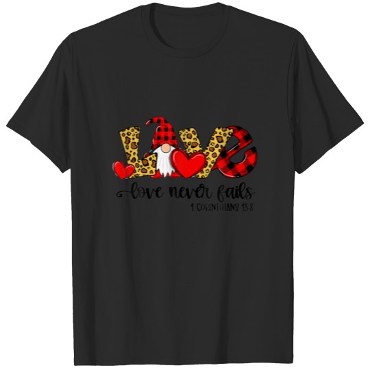 Discover Funny Gnome Leoparad Print Heart Love Never Fails T-shirt