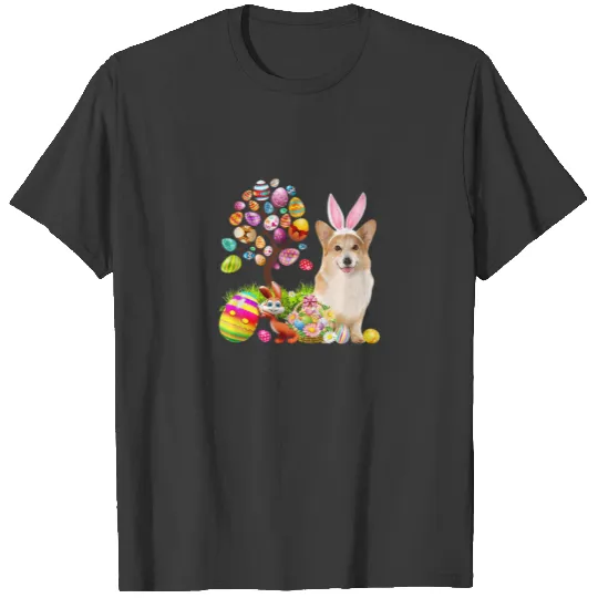 Bunny Corgi Dog Happy Easter Eggs Tree T-shirt