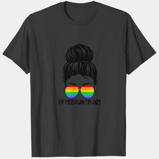 Free Aunt Hugs Womens Messy Hair Bun Rainbow LGBT T-shirt