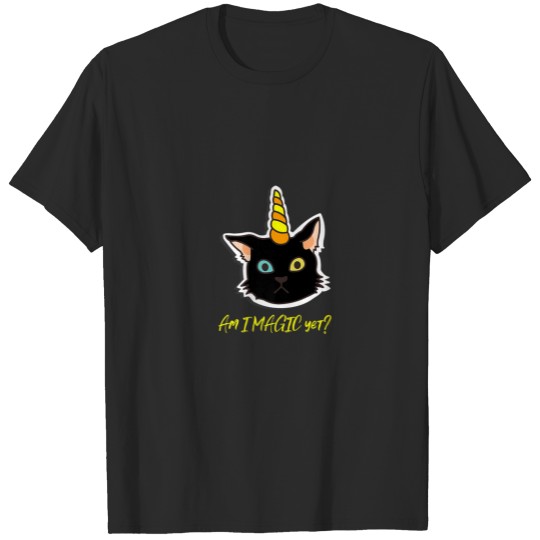 Black Cat With Candy Corn Horn - Am I MAGIC Yet? T-shirt