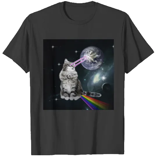 Space Cat with lasers from eyes and rainbow T-shirt