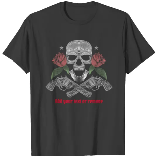 Cool image of a skull with red roses and guns, T-shirt