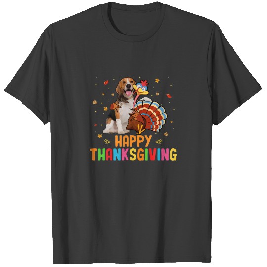 Discover Happy Thanksgiving Beagle Dog Hugs Turkey Friends T-shirt
