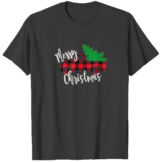 Merry Christmas Buffalo Truck Tree Red Plaid Men W T-shirt