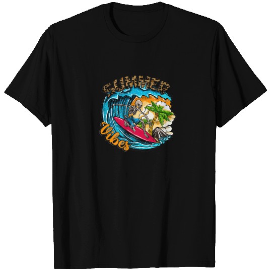 Surfing Skeleton Summer Vibes Beach Waves Sunset S T-shirt