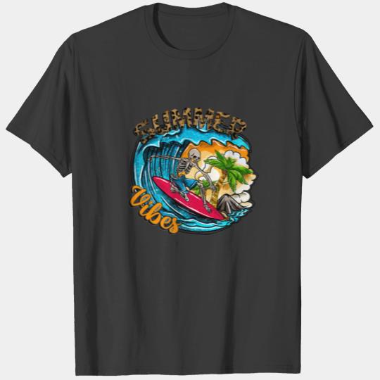 Surfing Skeleton Summer Vibes Beach Waves Sunset S T-shirt