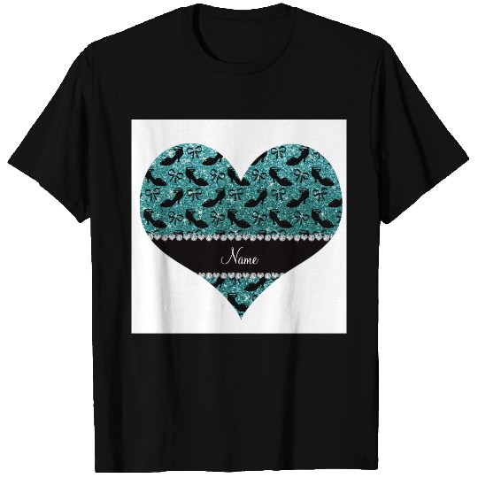 Personalized name turquoise glitter fancy shoe bow T-shirt