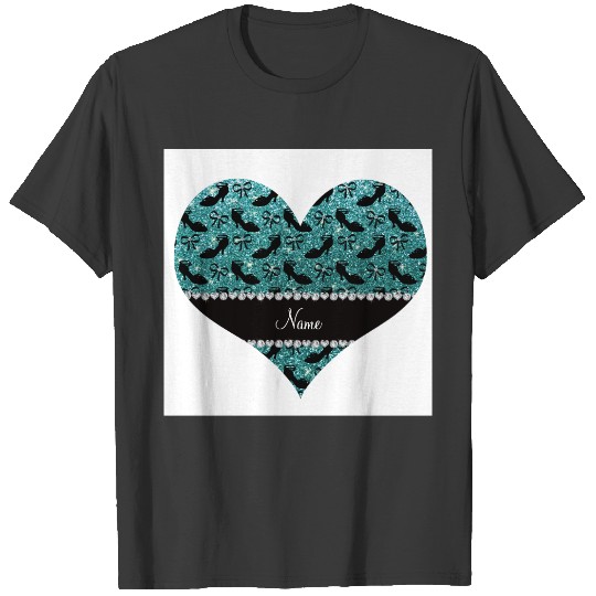 Personalized name turquoise glitter fancy shoe bow T-shirt