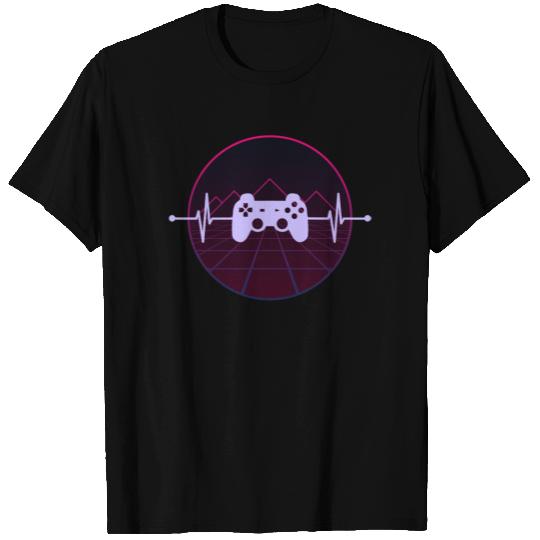 Video Game Controller Heartbeat Synthwave Blue Red T-shirt