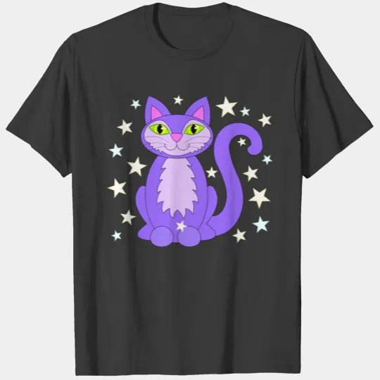 Cosmic Design Purple Cat Cartoon Art T-shirt