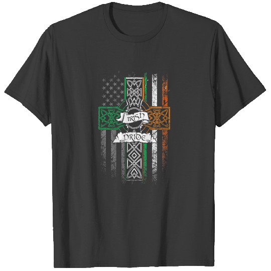 IRISH PRIDE American Flag Celtic Cross St Patricks T-shirt