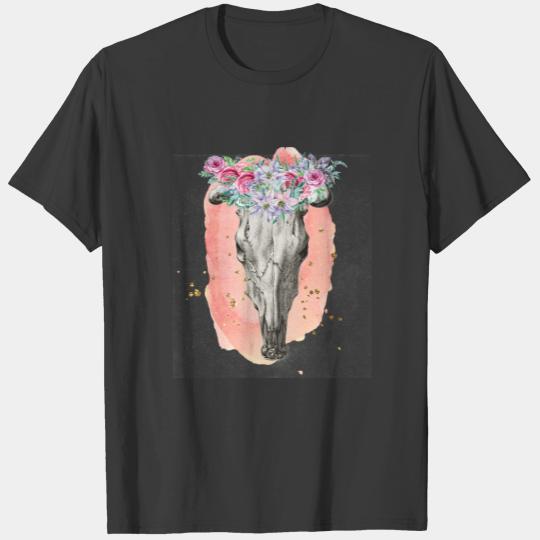 Vintage Cow Skull with Feminine Watercolor & Gold T-shirt