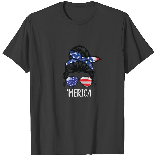 USA Flag Messy Bun Patriotic Armed Forces Memorial T-shirt