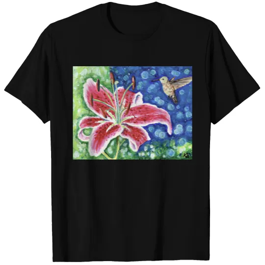 Hummingbird and Stargazer Lily Painting T-shirt