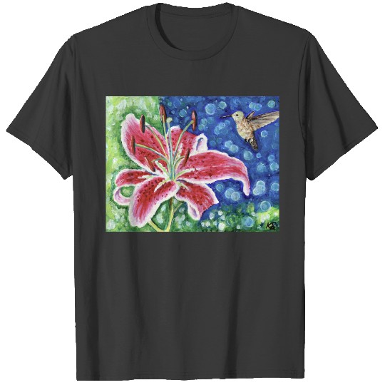 Hummingbird and Stargazer Lily Painting T-shirt