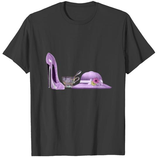 Lilac Stiletto Shoe, Hat and Teacup Art T-shirt