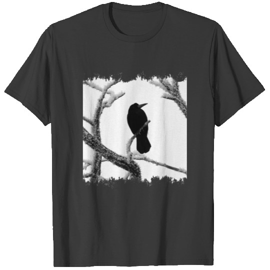 B&W Winter Raven Edgar Allan Poe T-shirt