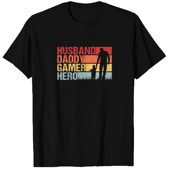 Mens Husband Daddy Gamer Hero Dad And Son Vintage T-shirt