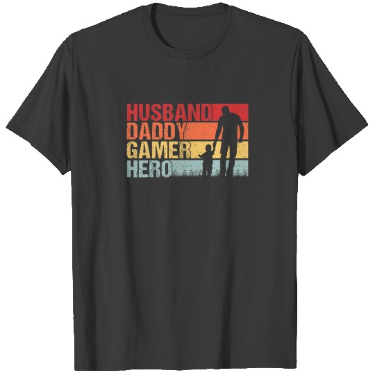 Mens Husband Daddy Gamer Hero Dad And Son Vintage T-shirt