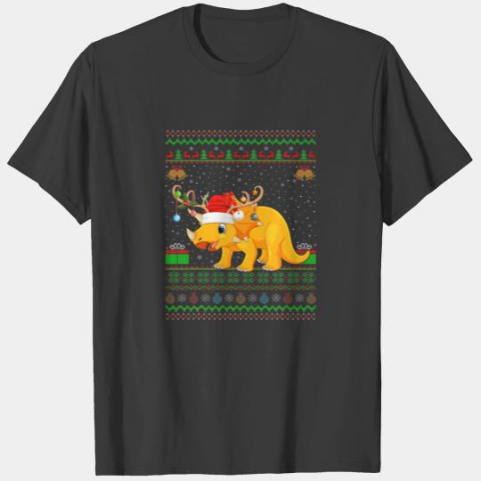 Funny Xmas Lighting Santa Hat Ugly Triceratops Chr T-shirt