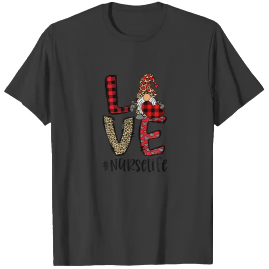 Leopard Red Plaid Gnome Love Nurse Life Valentines T-shirt