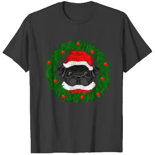 Cute Christmas Black Pug Santa in Wreath T-shirt