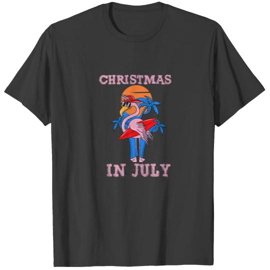 Christmas In July Flamingo Surfer Summer Beach Xma T-shirt