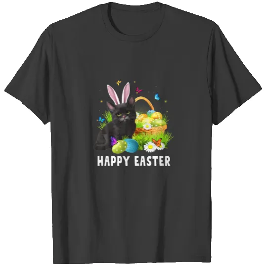 Black Cat Happy Easter Day Bunny Eggs Mens Wo T-shirt