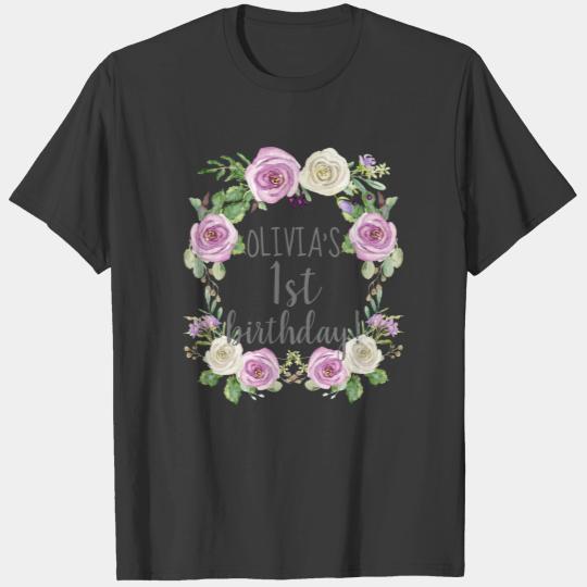 1st Birthday Baby Girl Watercolor Lavender Roses T-shirt