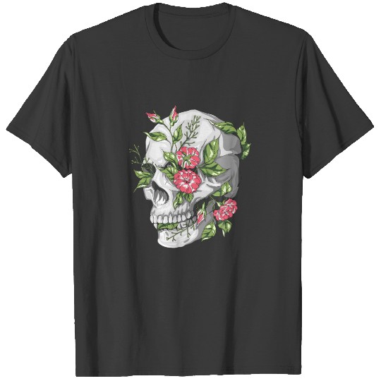 Skull And Roses Skeleton Head Gothic And Halloween T-shirt
