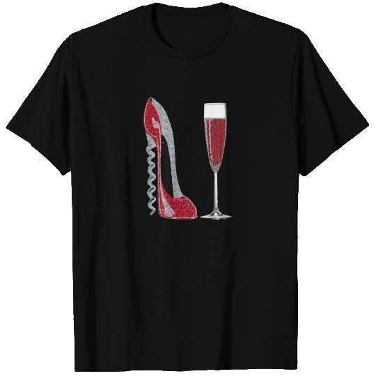 Corkscrew Red Stiletto and Champagne Glass Art T-shirt