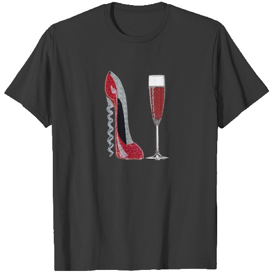 Corkscrew Red Stiletto and Champagne Glass Art T-shirt