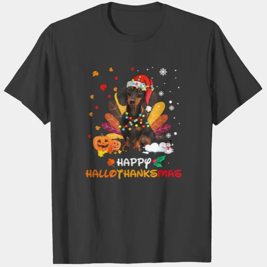 Dachshund Halloween And Merry Christmas Happy Hall T-shirt