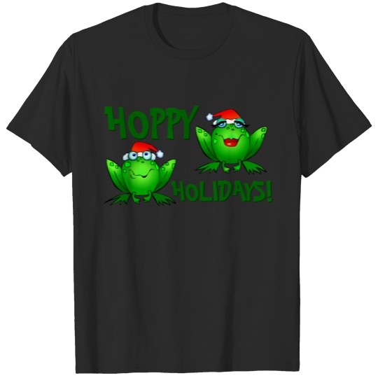 Discover Hoppy Holidays Cartoon Frogs  Green Text T-shirt