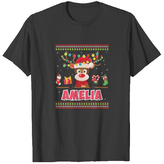 Cute Reindeer Amelia Merry Christmas Light Santa H T-shirt