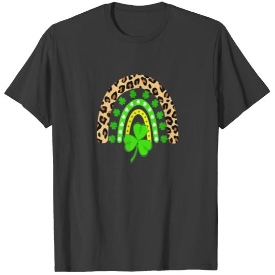 Cute Rainbow Leopard Print Shamrock Lucky St Patri T-shirt