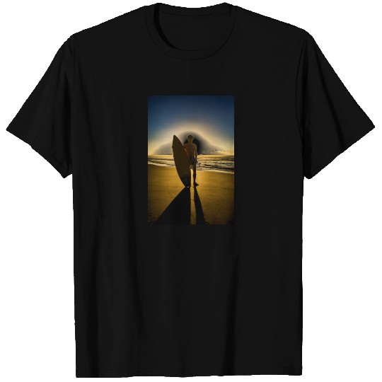 Surfer silhouette during sunrise T-shirt