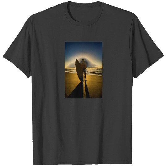 Surfer silhouette during sunrise T-shirt
