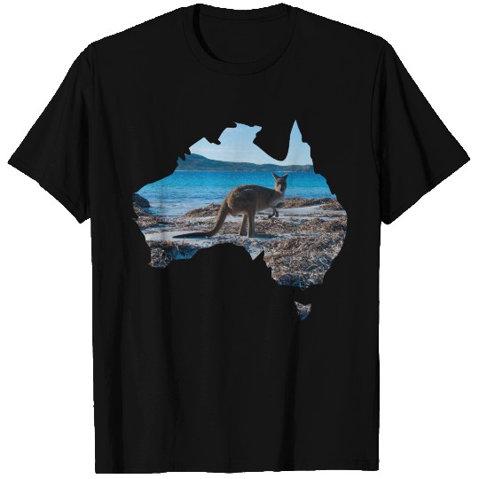 Australia Country Outline Shape Kangaroo on Beach T-shirt