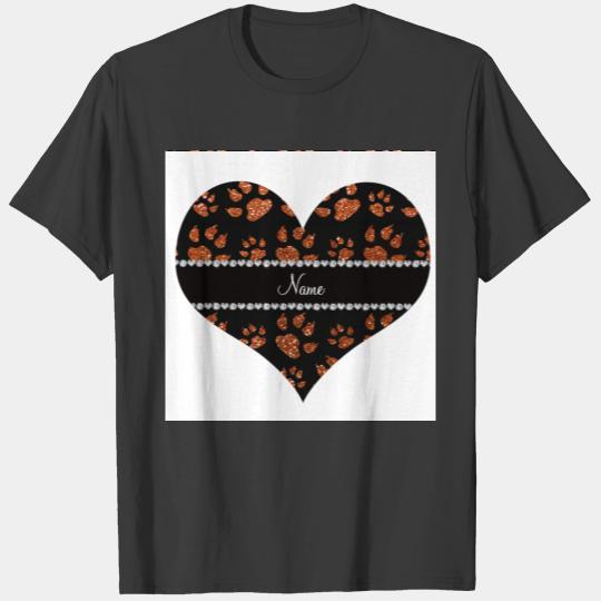 Personalized name burnt orange glitter cat paws T-shirt