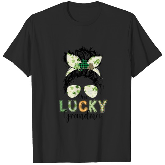 Discover One Lucky Grandma Messy Bun Leopard Shamrock St Pa T-shirt